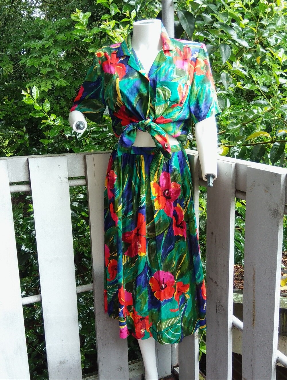 Vintage 90s Tropical Floral Cottagecore Skirt Set Size 8